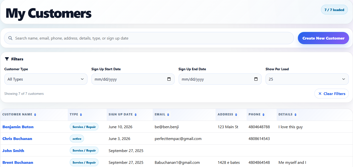 DuroWork customer list screenshot